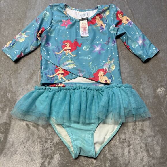 Disney The Little Mermaid Ariel Swimsuit Girl Sz 7/8 Rash Guard Shirt Set - Picture 1 of 6